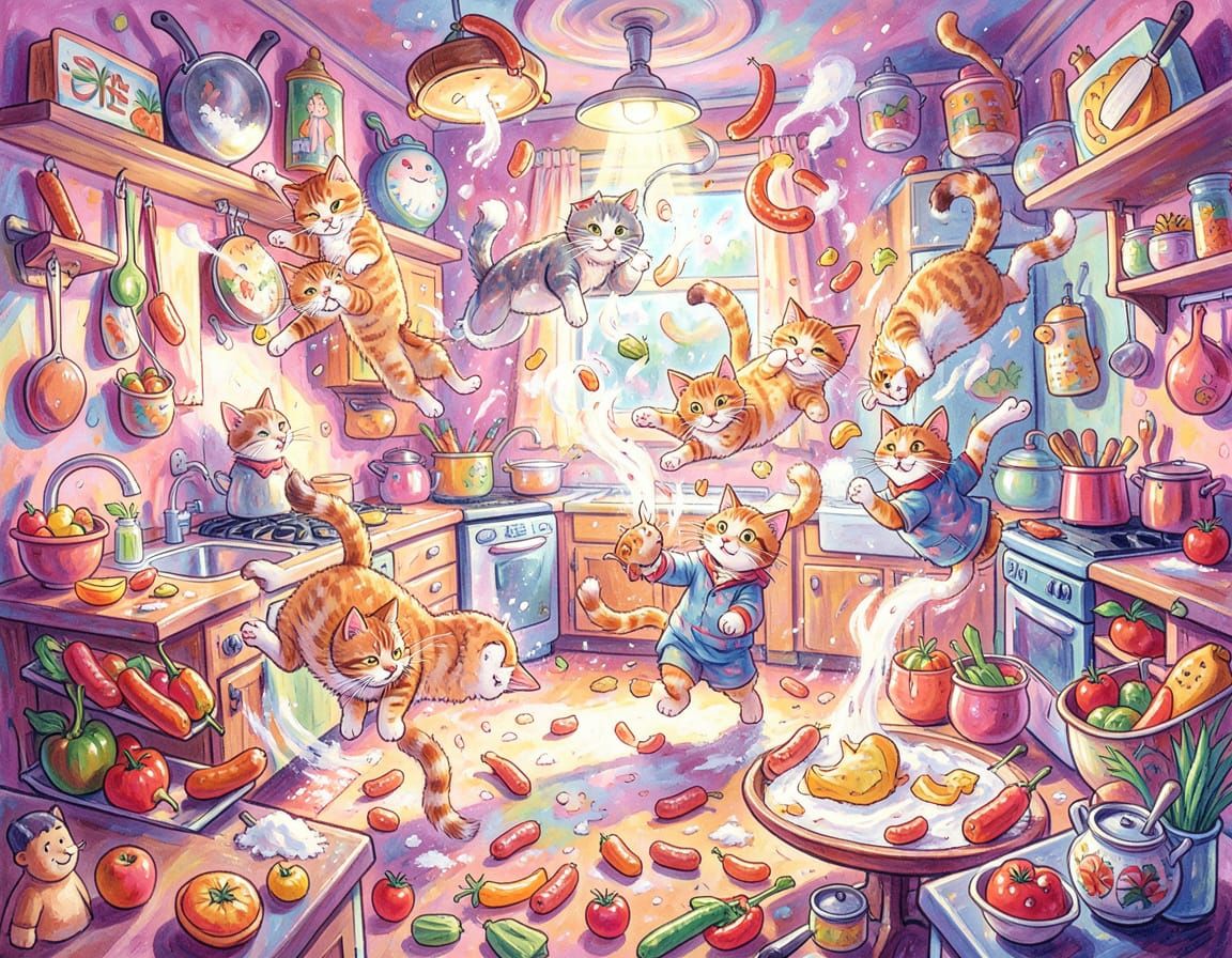 Cats' Whimsical Kitchen Chaos in Candyland Style