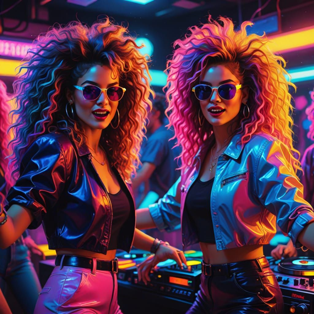 Neon 80s Girls Dancing in Vibrant Digital Art