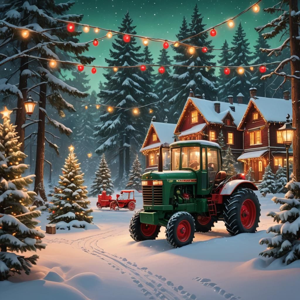 Christmas Tractor in Whimsical Digital Matte Painting