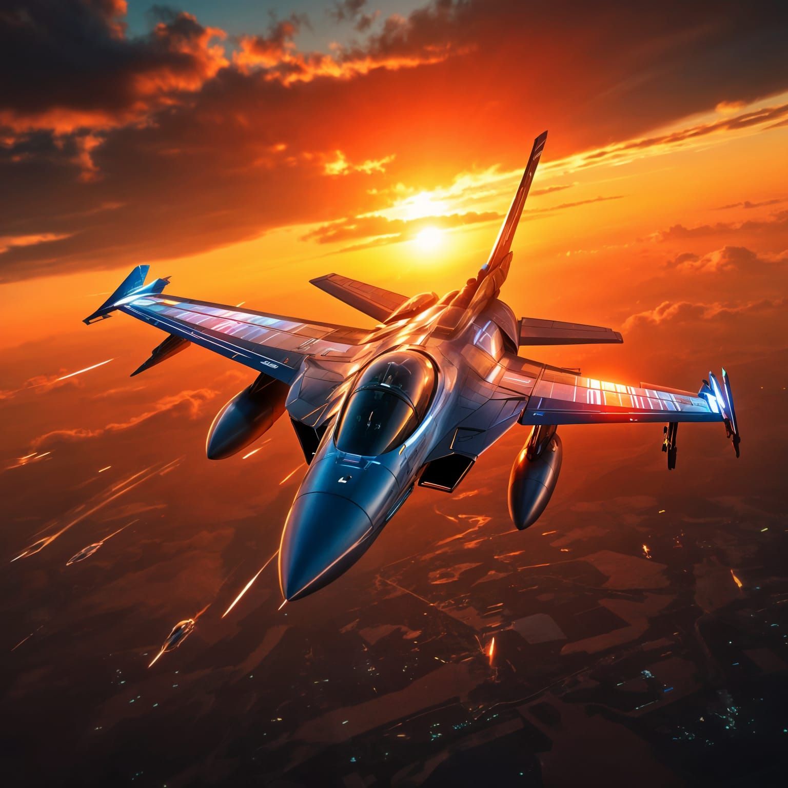 Vibrant Solarpunk F-16 Fighter Jet Soars Over Modern Battlef...
