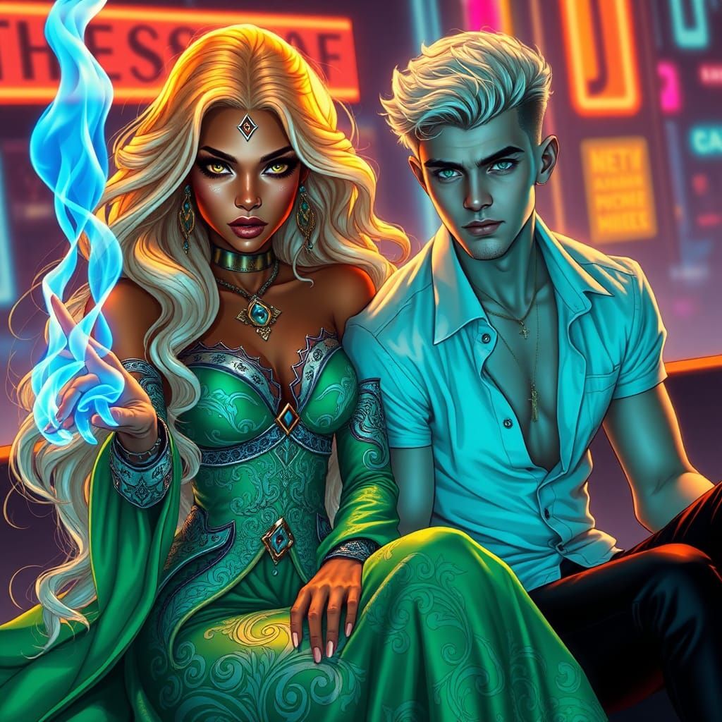 Synthwave Woman with Blue Flames in Neon Cityscape