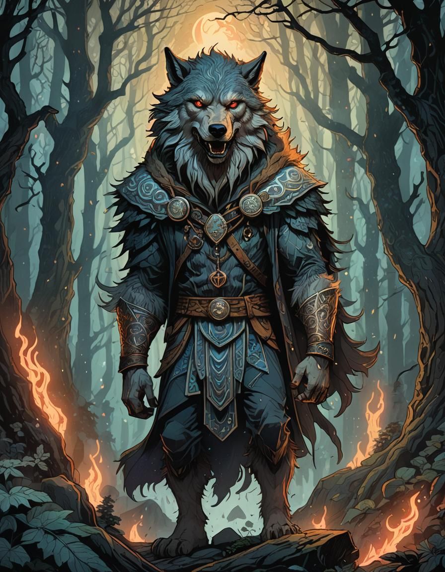 Werewolf in Runestone Forest: Norse Mythology Illustration