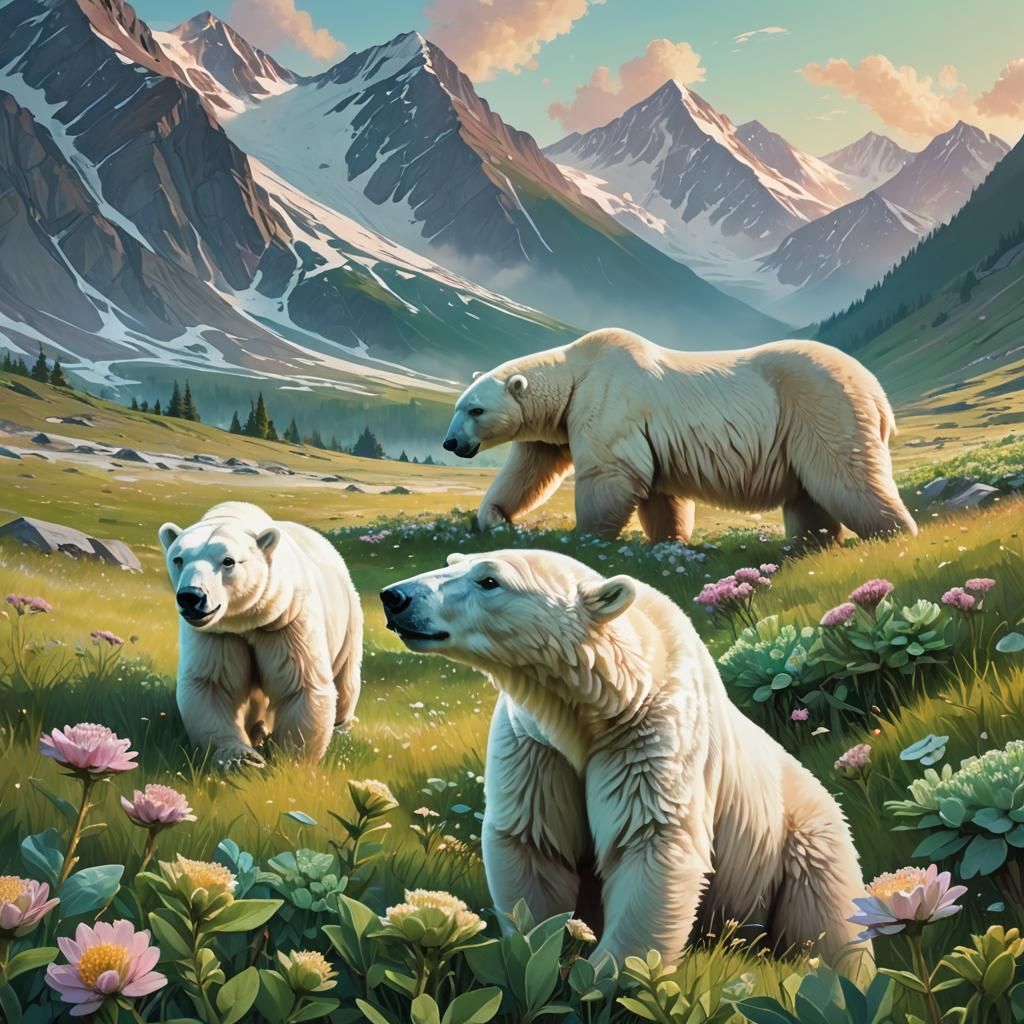 Polar Bears Foraging Rhodiola in Mountain Meadow