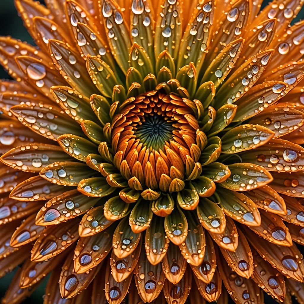 Orange Chrysanthemum Dewdrop Sunrise: Hyperrealistic Close-u...