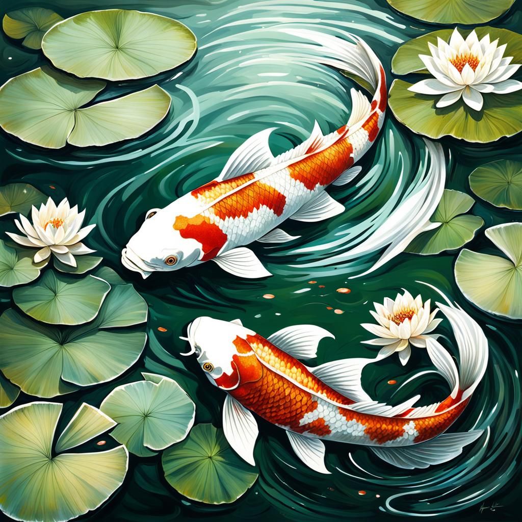 Sparkling Koi Fish in Pond with Water Lilies