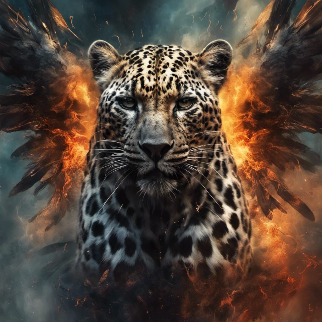 Winged Leopard Portrait in Deep Colors