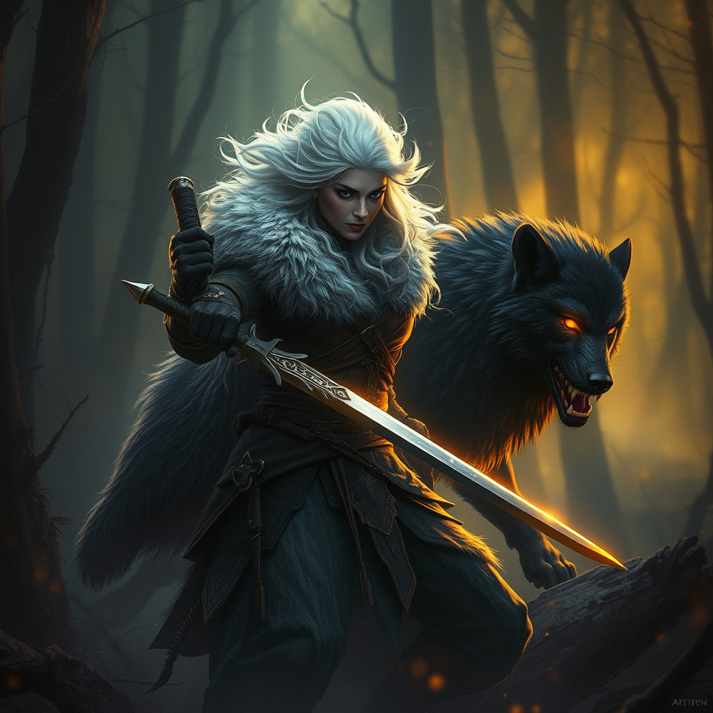 Warrior Woman and Wolf in Mystical Forest