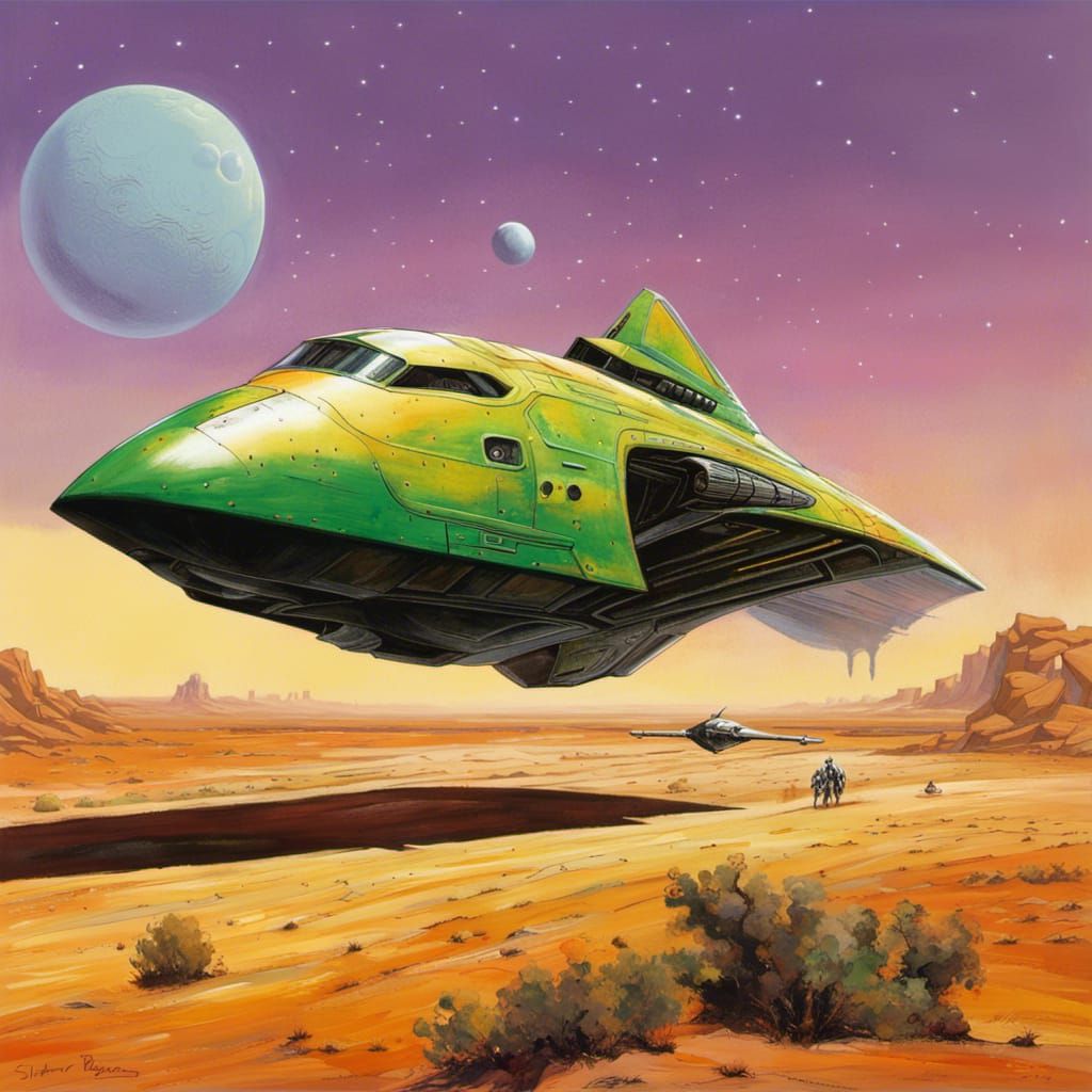 Retro Sci-Fi Starship Over Desert, Graffiti Art Style