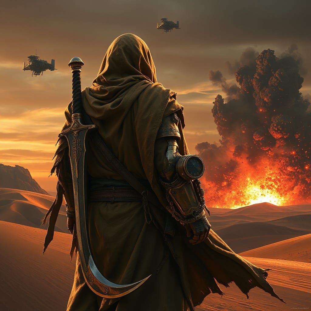 Cybernetic Desert Warrior Confronts Cosmic Chaos