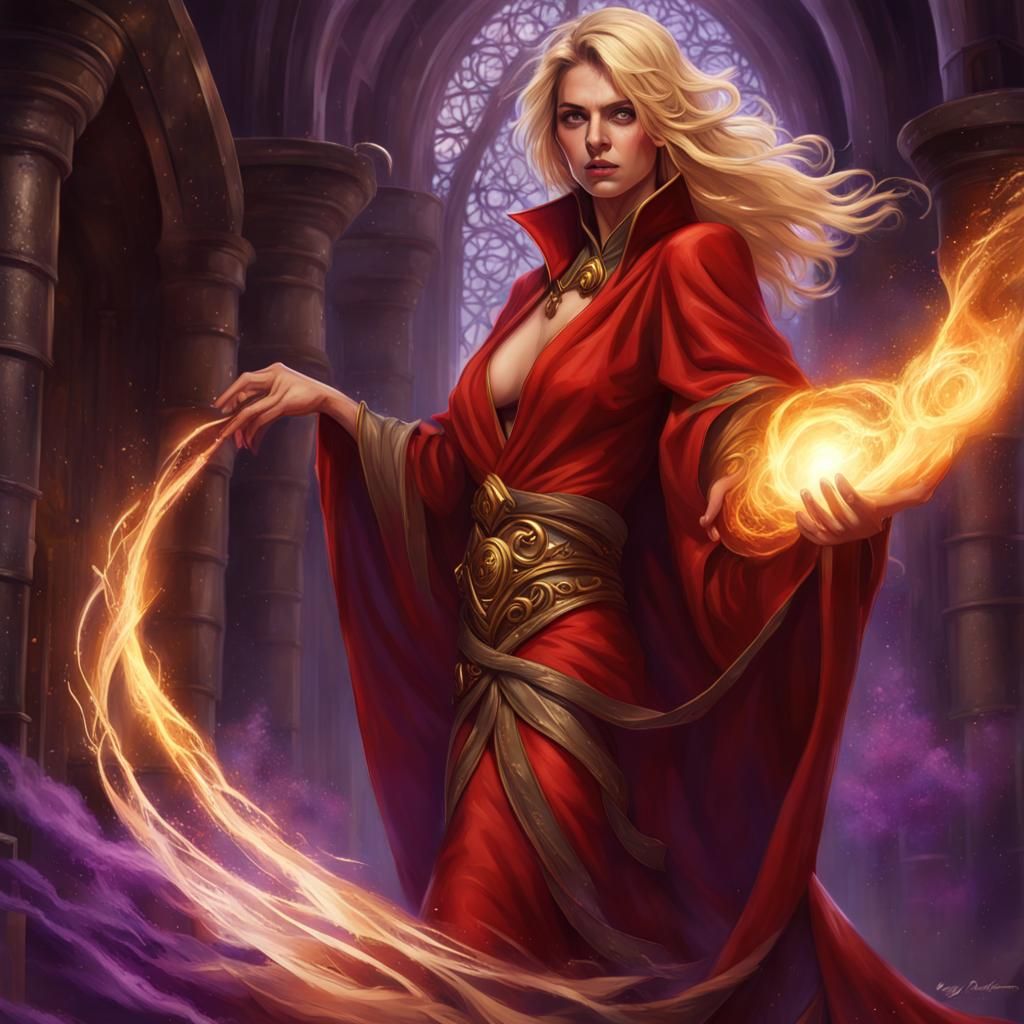 Fantasy Mage in Red Robe: Detailed Fantasy Art