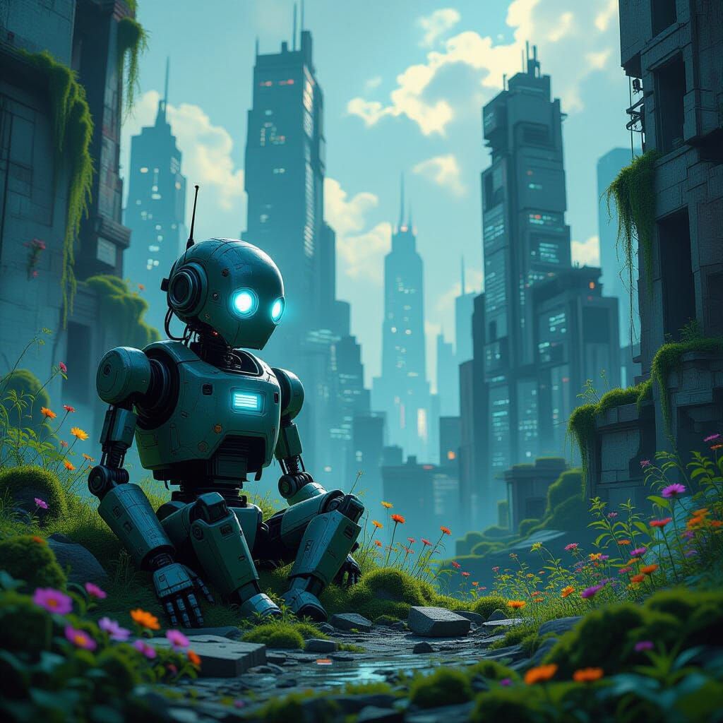 Ancient Robot in Moss-Covered Futuristic City Ruins