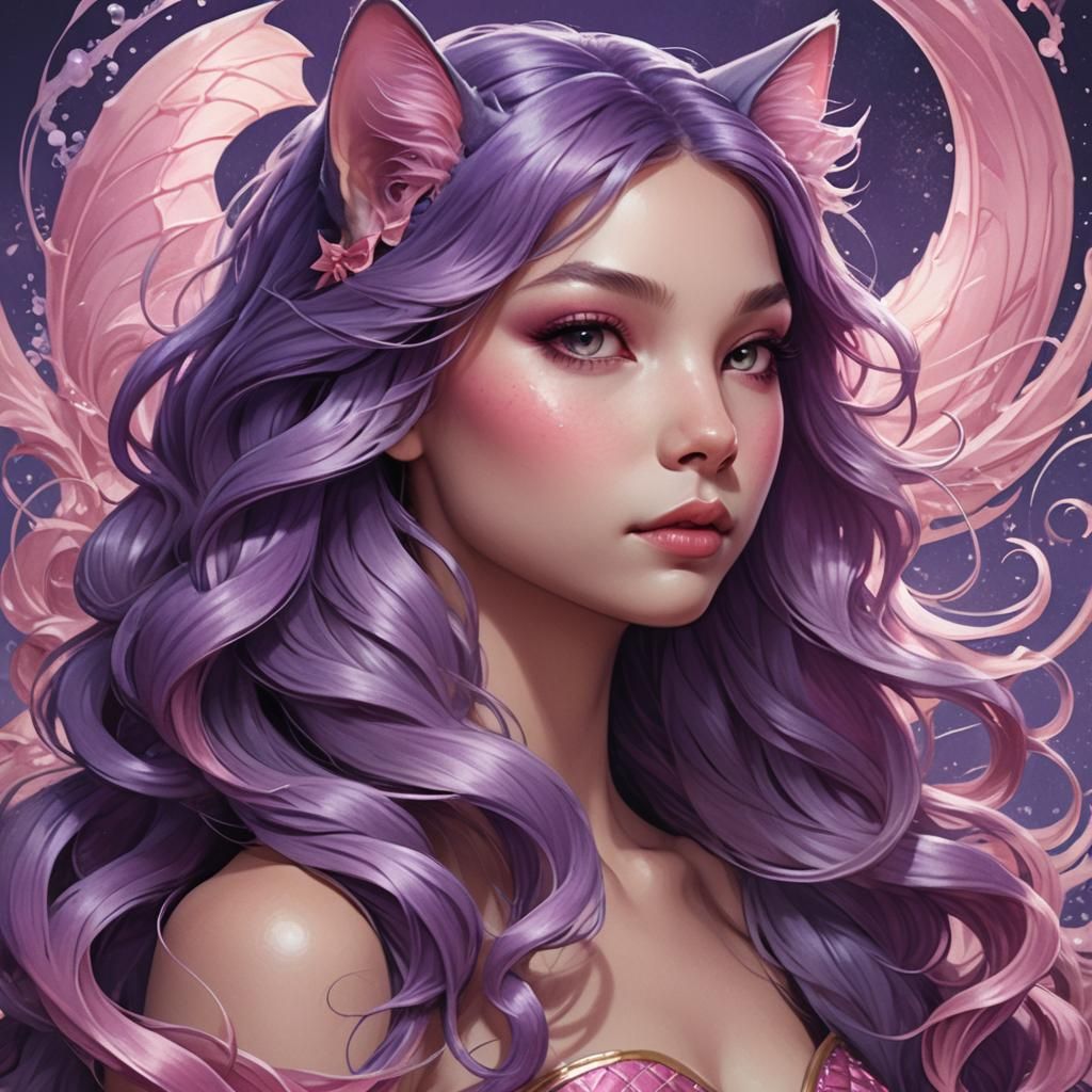 Purple Mermaid Cat Portrait in Art Nouveau Style
