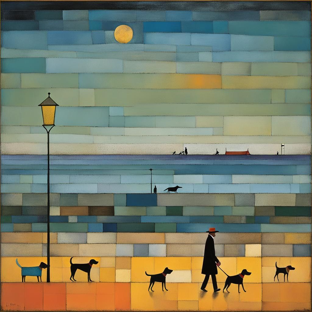 Dog Walker near Blackpool Shelters in Naive Art Style