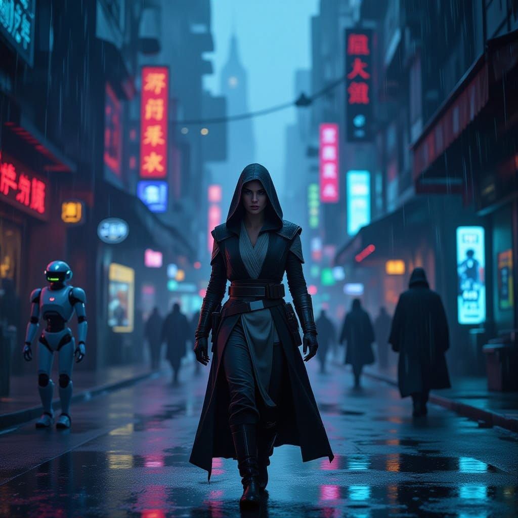 Female Jedi Knight in Neon-Lit Nar Shaddaa Streets