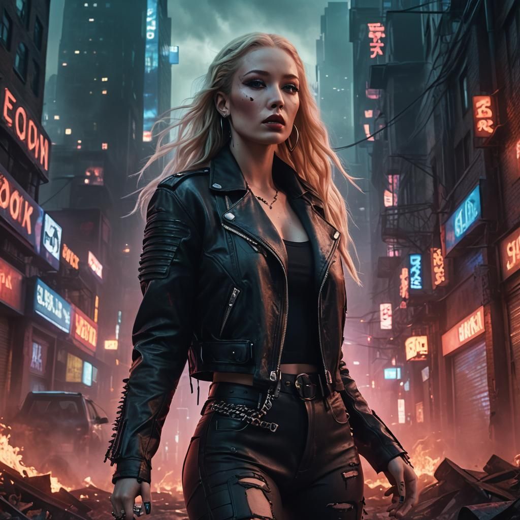 Iggy Azalea in Cyberpunk Cityscape with Chrome Accents