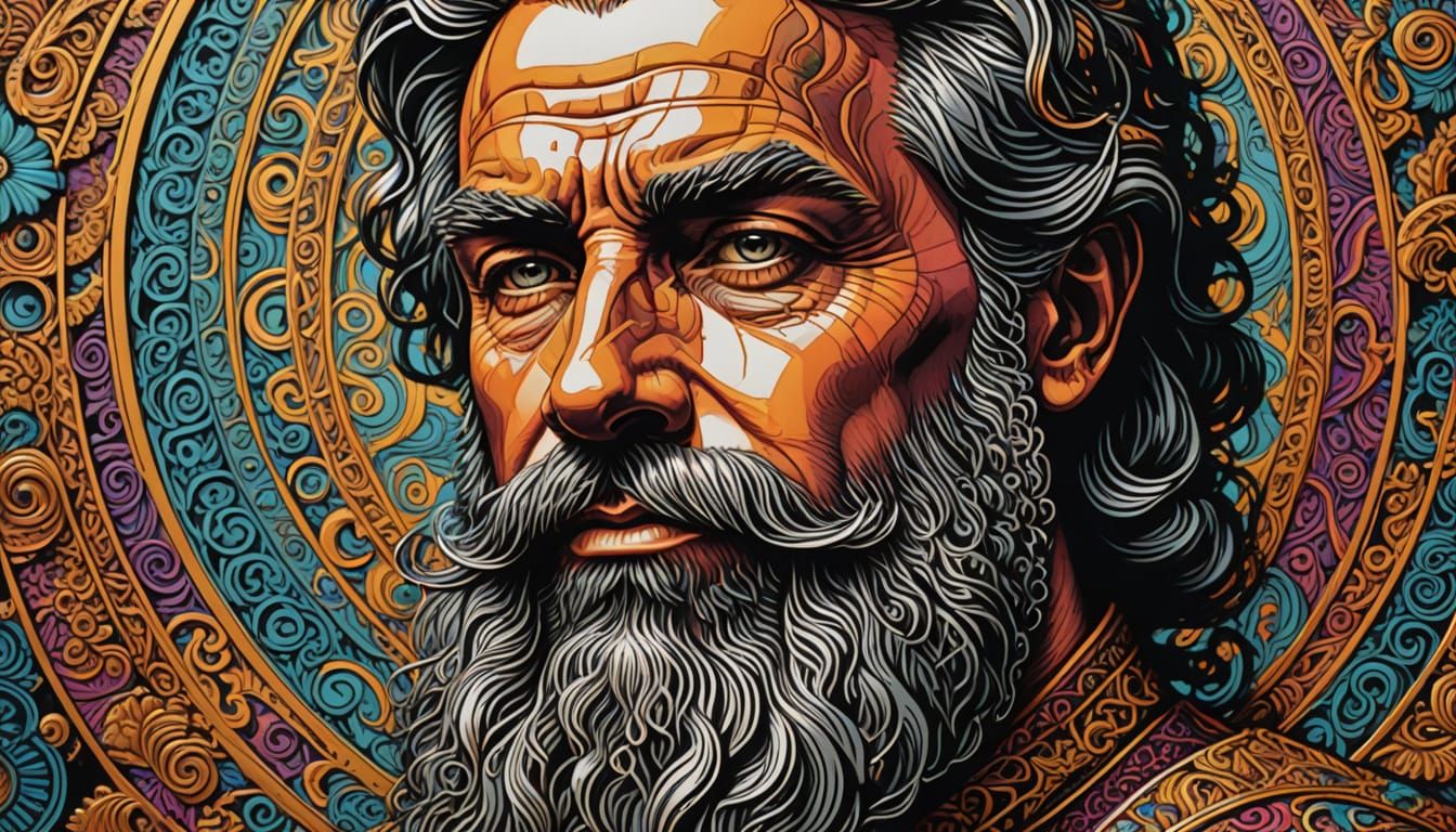 Psychedelic Intaglio Portrait of a Bearded Leader