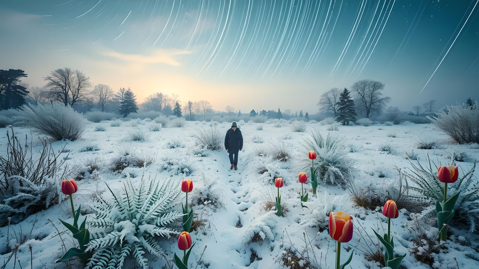 Star Trails Over Snowy Meadow in Time Lapse