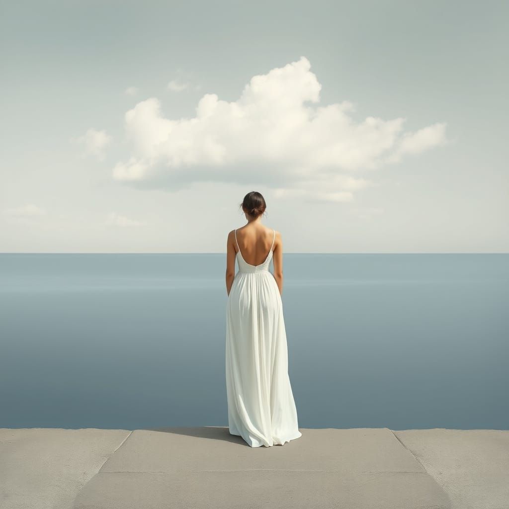 Serene Woman Contemplates Grey-Blue Sea in Minimalist Style