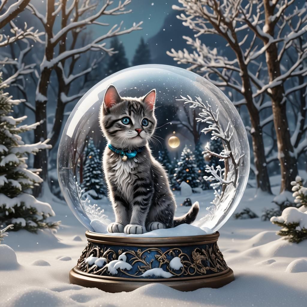 Kitten Playing in Snowy Snow Globe