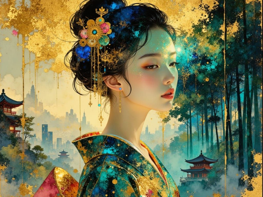 Geisha in Pagoda with Futuristic Cityscape and Bamboo Forest