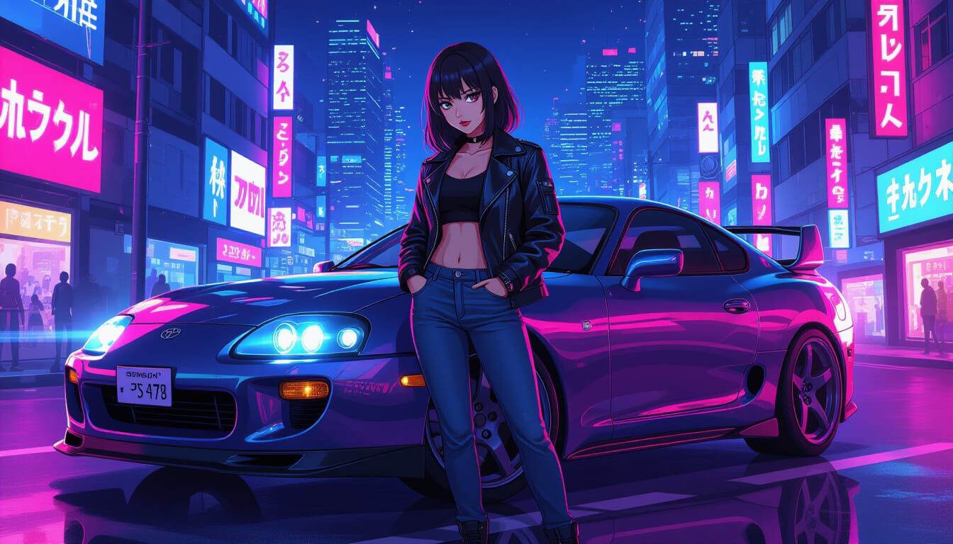 Neon Cityscape: Anime Girl and Toyota Supra