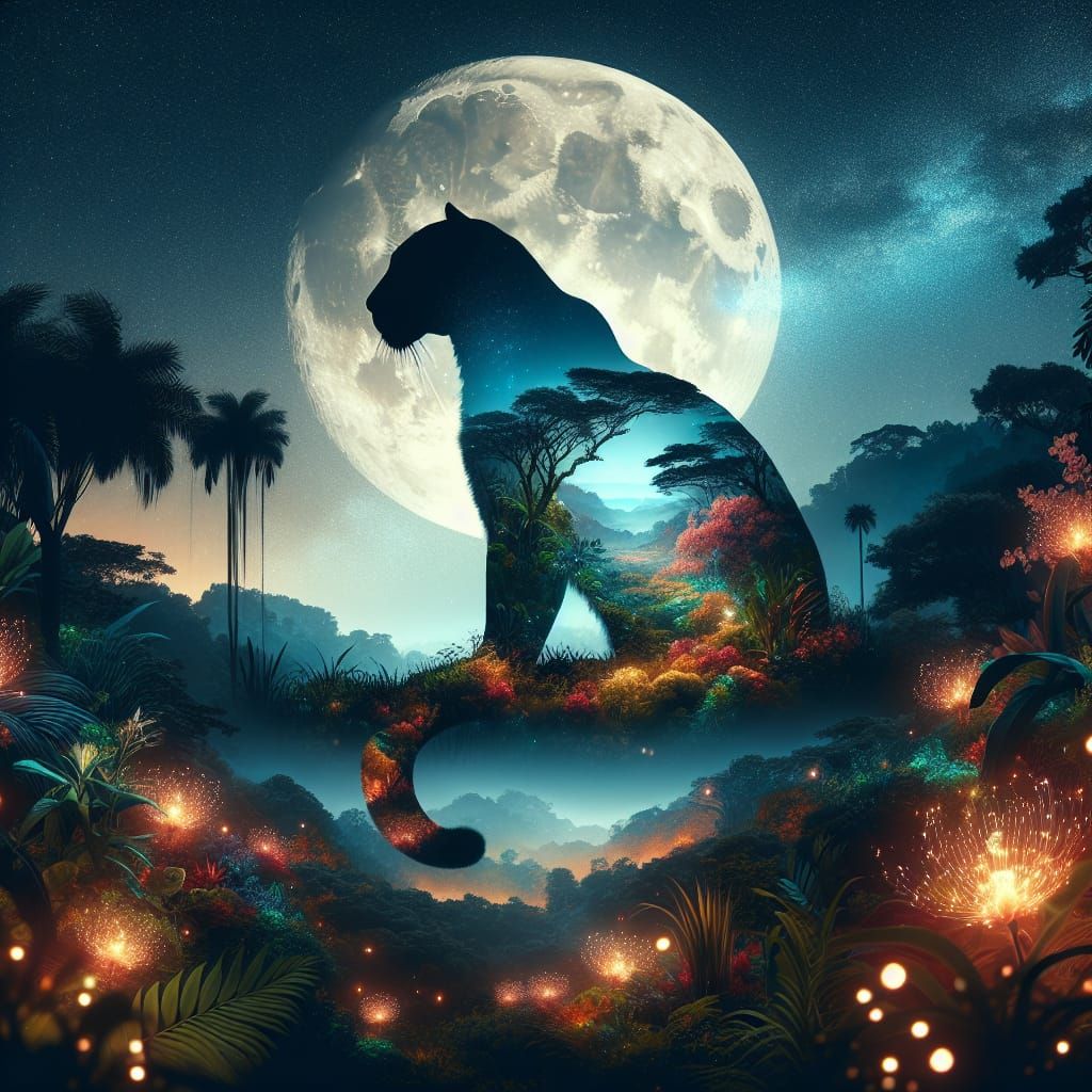Jaguar Silhouette Blends into Moonlit Jungle Matte Painting