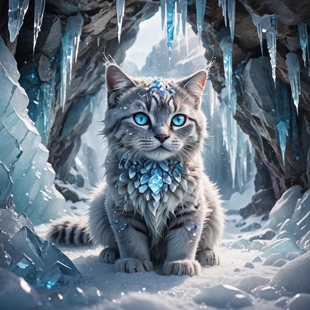 Icy Snow Cat in Frozen Cave, Fantasy Art