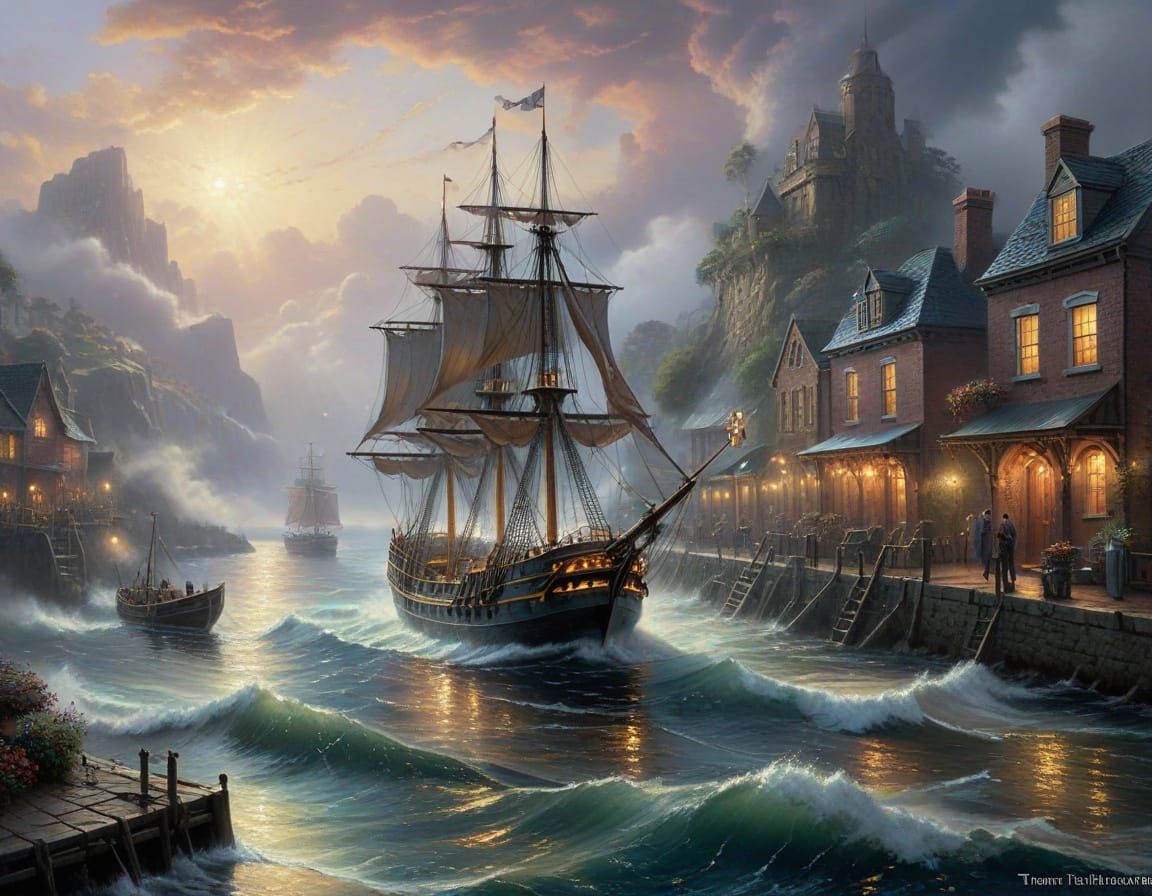 Ethereal Fantasy Ship Departs Harbour in Mist