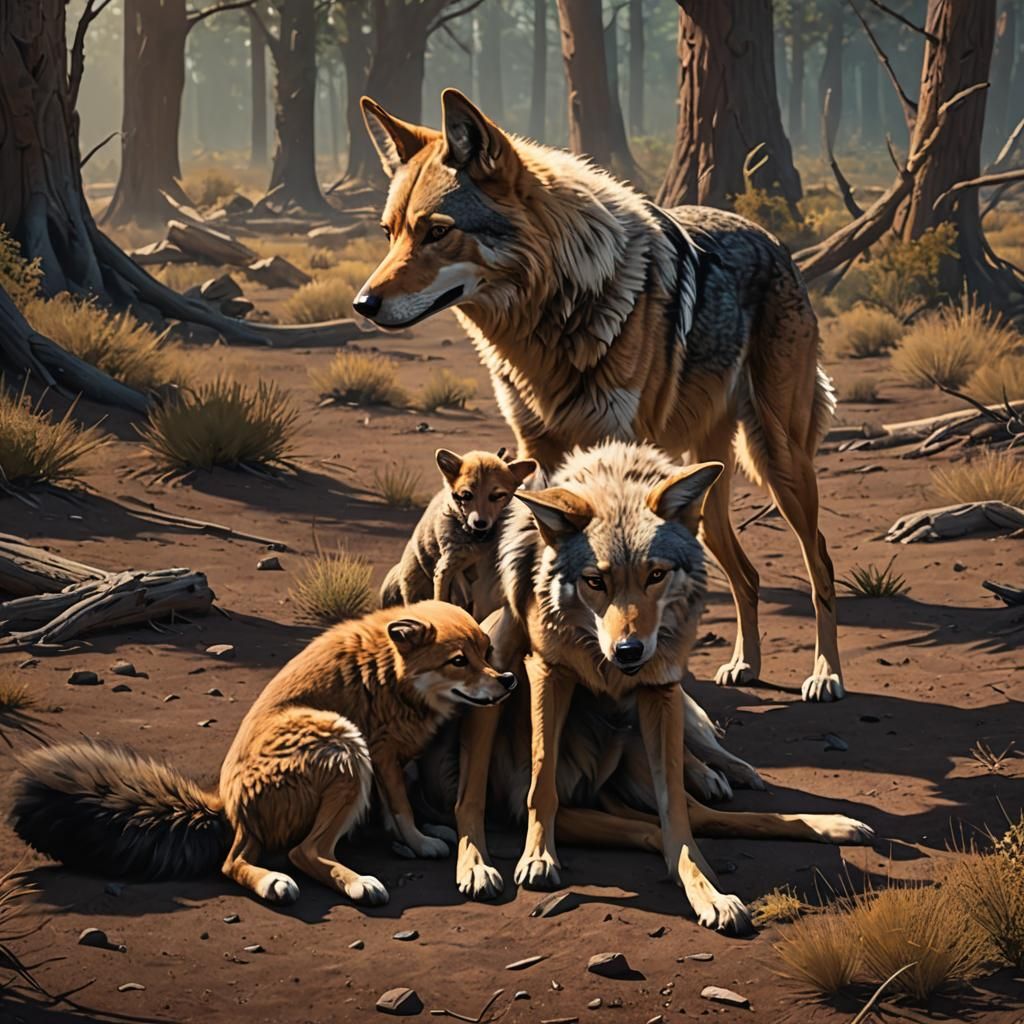 Dog Protects Puppy from Coyote in Matte Painting