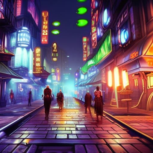 Steampunk Computer City Street at Night