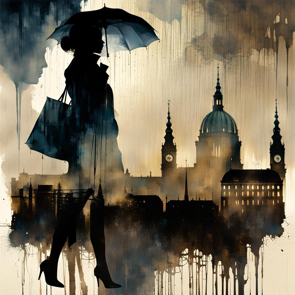 Hamburg Cityscape in Double Exposure Watercolor