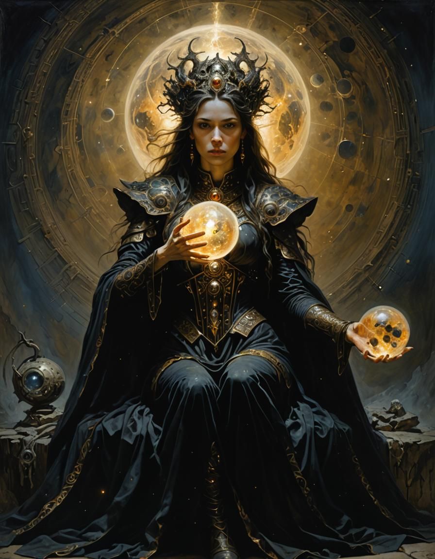 Dark Fantasy Woman with Orbs in Impressionist Style