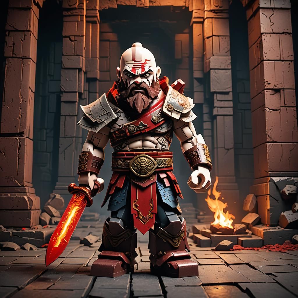Lego Kratos in Ancient Temple, Cel-Shaded Anime Style