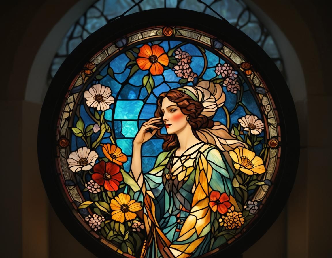 Art Deco Stained Glass Woman with Flowers