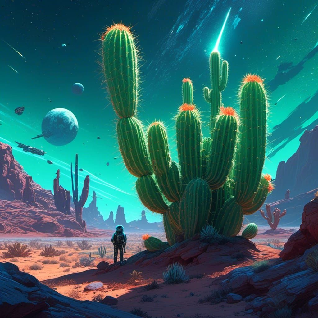 Spaceman in Desert with Neon Crystals, Dark Fantasy Art