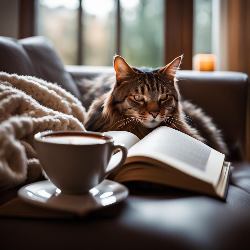 Cozy Home Scene with Cat, Fire, and Coffee