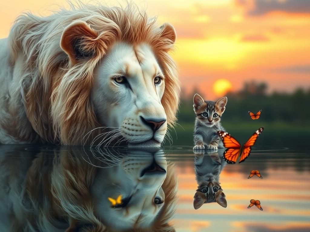 Lion's Reflection: Kitten Chasing Butterflies