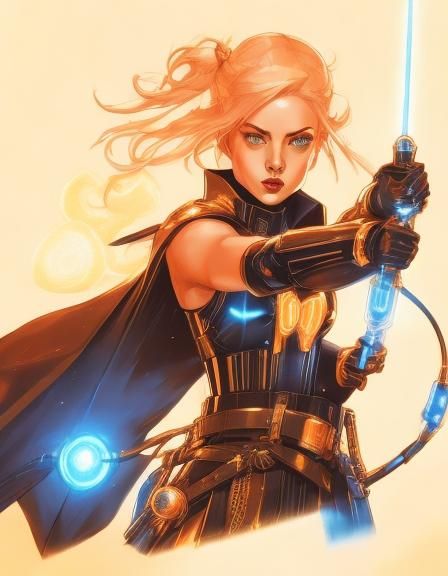 Futuristic Techno-Monk Throws Punch with Glowing Fists