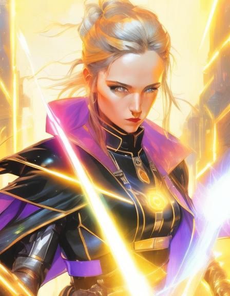 Futuristic Techno-Monk Throws Punch with Glowing Fists