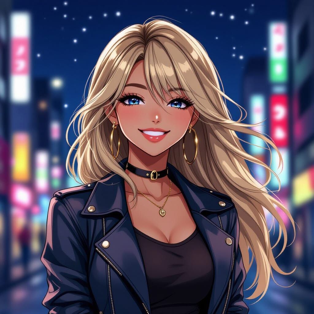 Anime Gyaru in Japanese City at Night