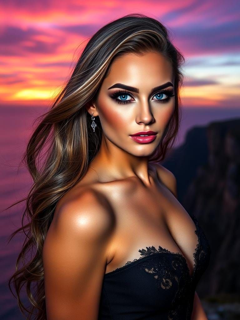Glamorous Woman on Cliff at Sunset: High Fashion Portrait