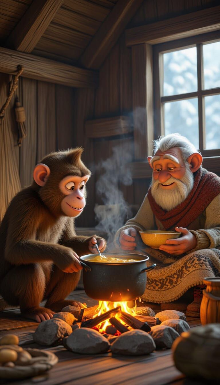 Monkey Cooks Soup for Woodcutter: 3D Animated Scene