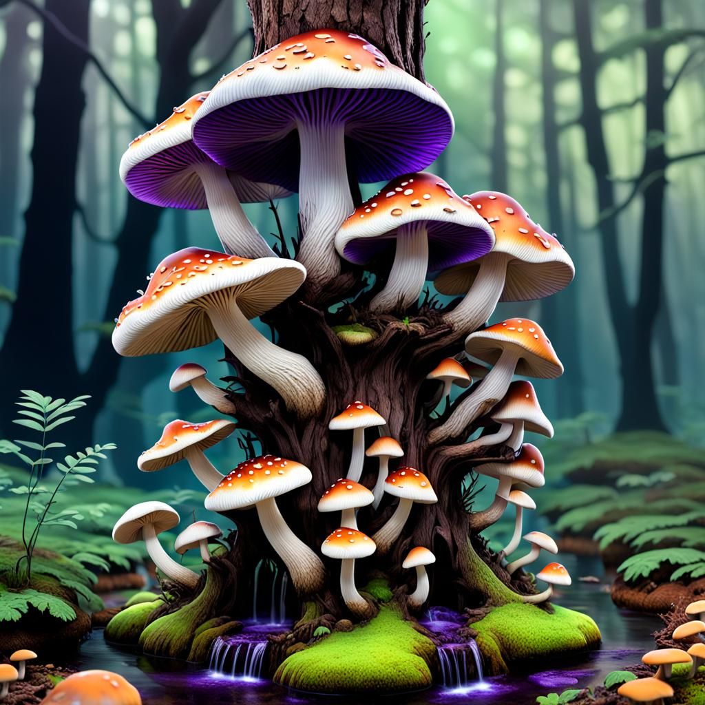 Colorful Mushrooms Adorning a Tree Trunk in Hyperrealistic P...