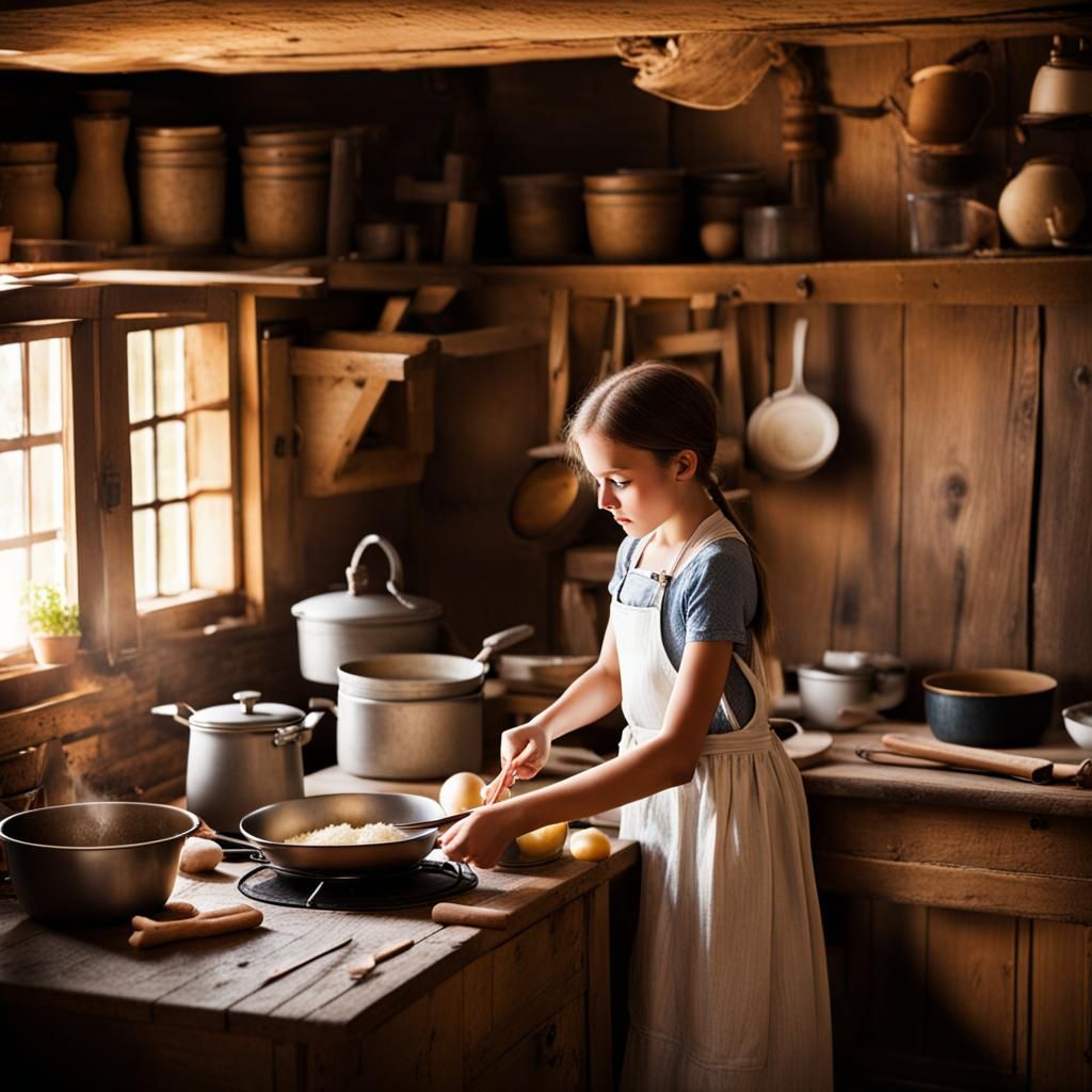 girl cooking in old country kitchen