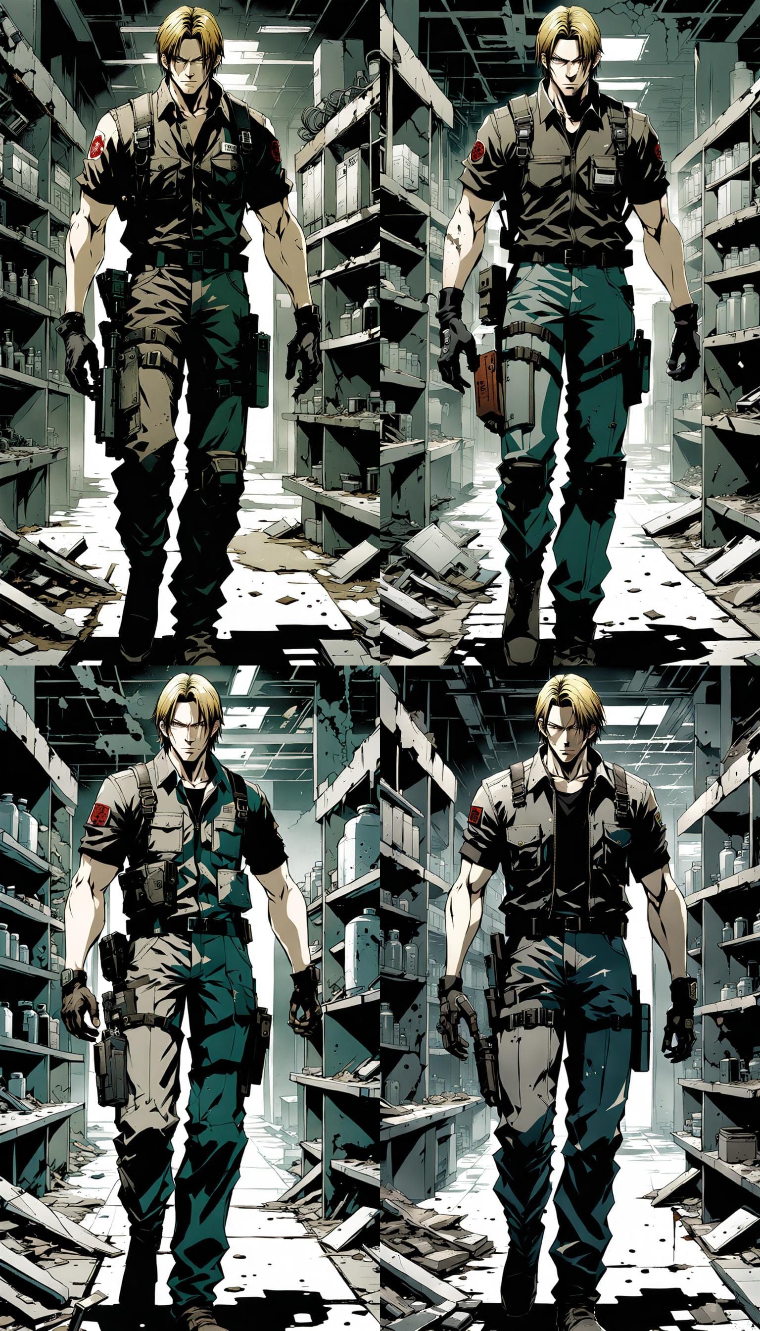 Android Leon in Ruined Lab, Anime Style