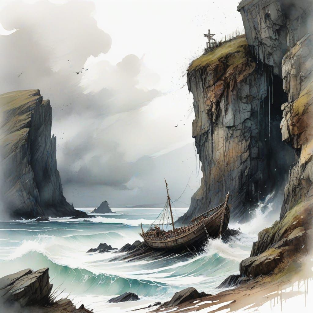 Viking Longship Battles Stormy Seas Amid Nordic Cliffside