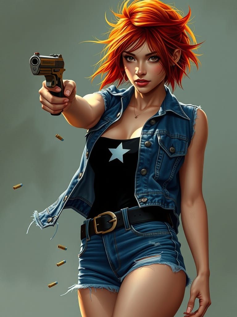 Red-Haired Gunwoman in Sleek Swimsuit and Leather Jacket