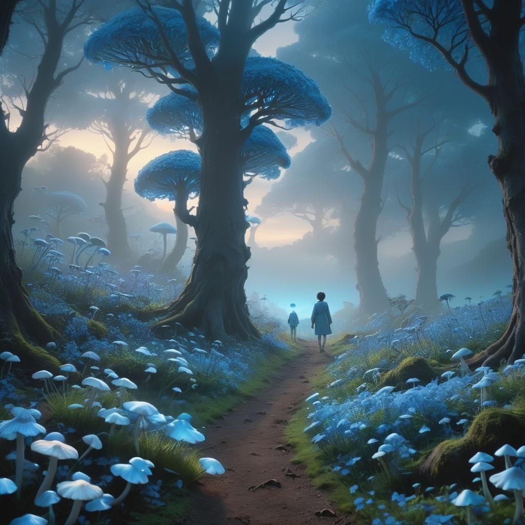 Blue Garden Wanderer in Dreamlike Digital Painting