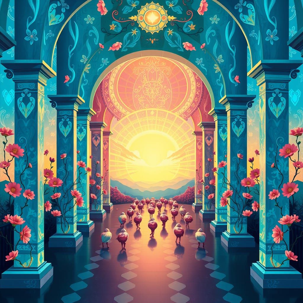 Peaceful Deity Counting Hearts Under Floral Arch