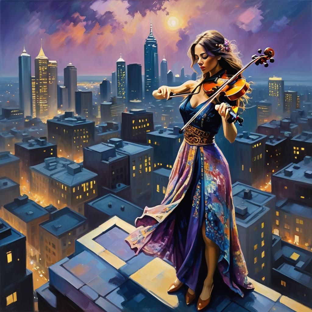 Impressionist Musician Plays Violin on Rooftop at Night